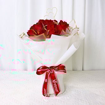 Stunning Crimson (12 Red Roses with Dual Heart Decor)