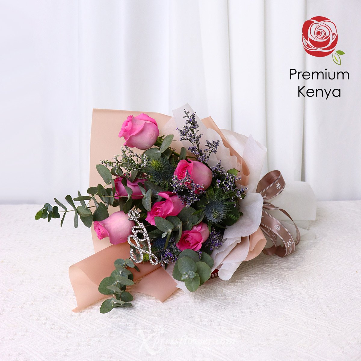 BQ2304 Lovely Blush 6 Dark Pink Roses with Love decor 1c