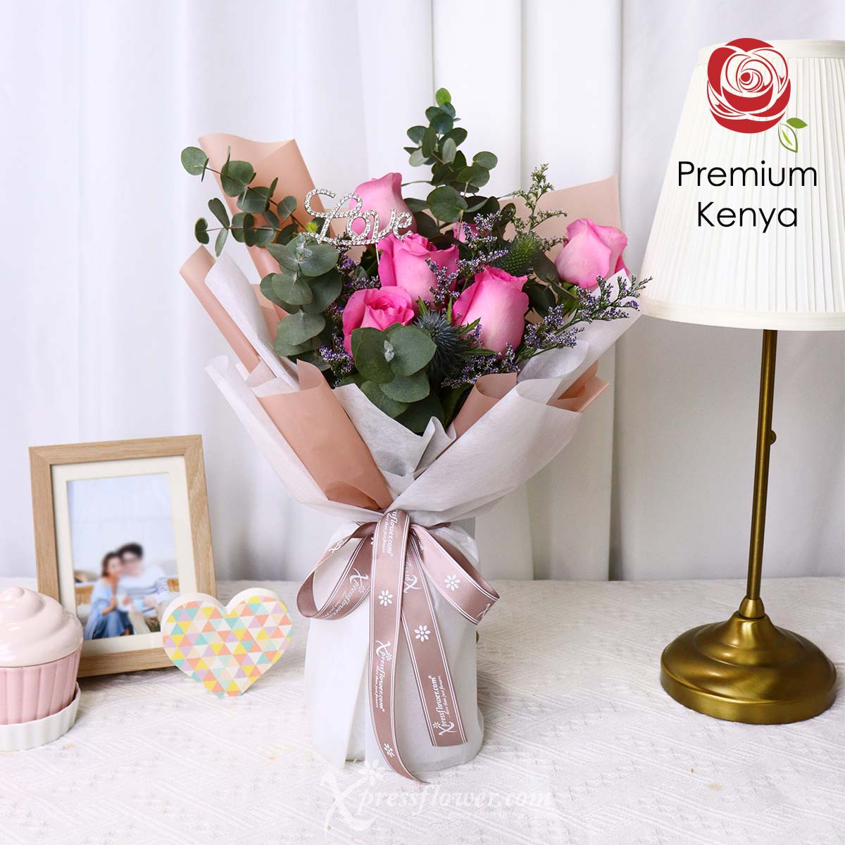 BQ2304 Lovely Blush 6 Dark Pink Roses with Love decor 3a