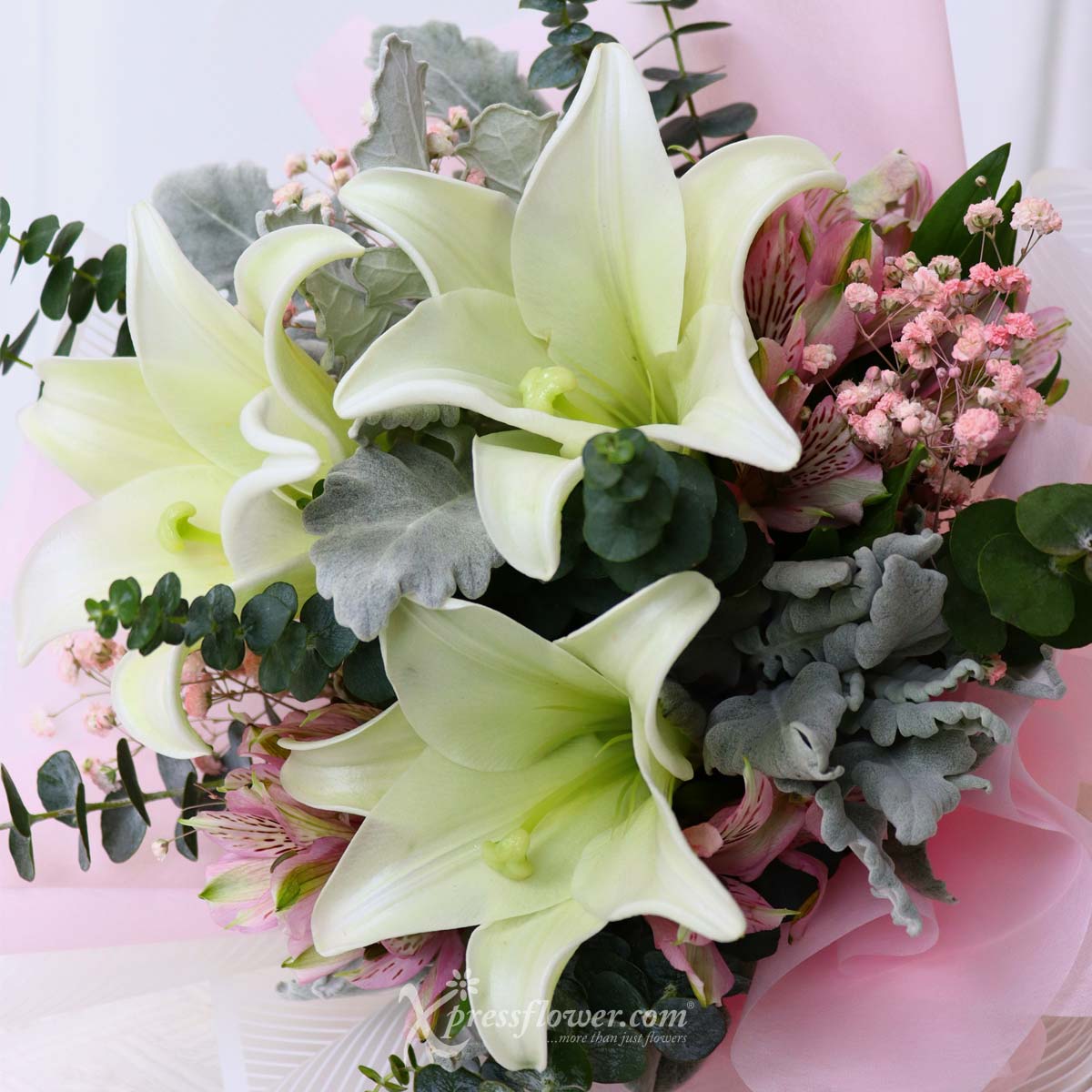 BQ2309 Majestic Devotion (3 White Lilies with Pink Million Star Baby’s Breath) 1d