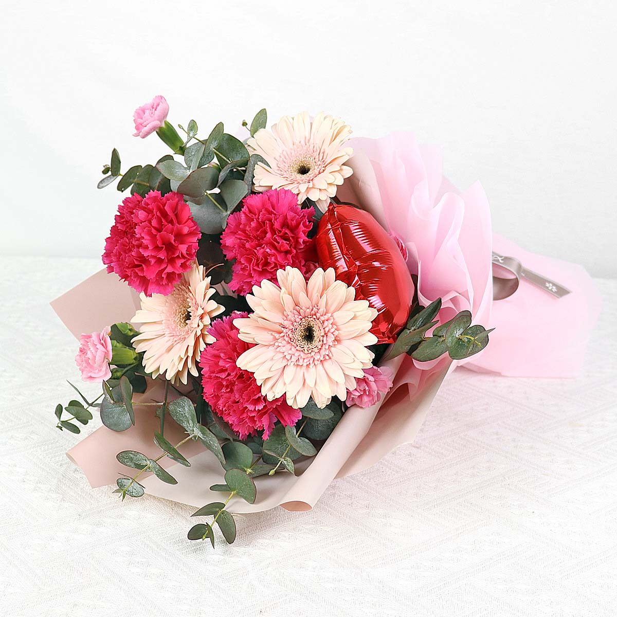 BQ2325 Darling Demeanor (3 Purple Carnations & 3 Pink Gerberas with 4” Heart Balloon) 1b