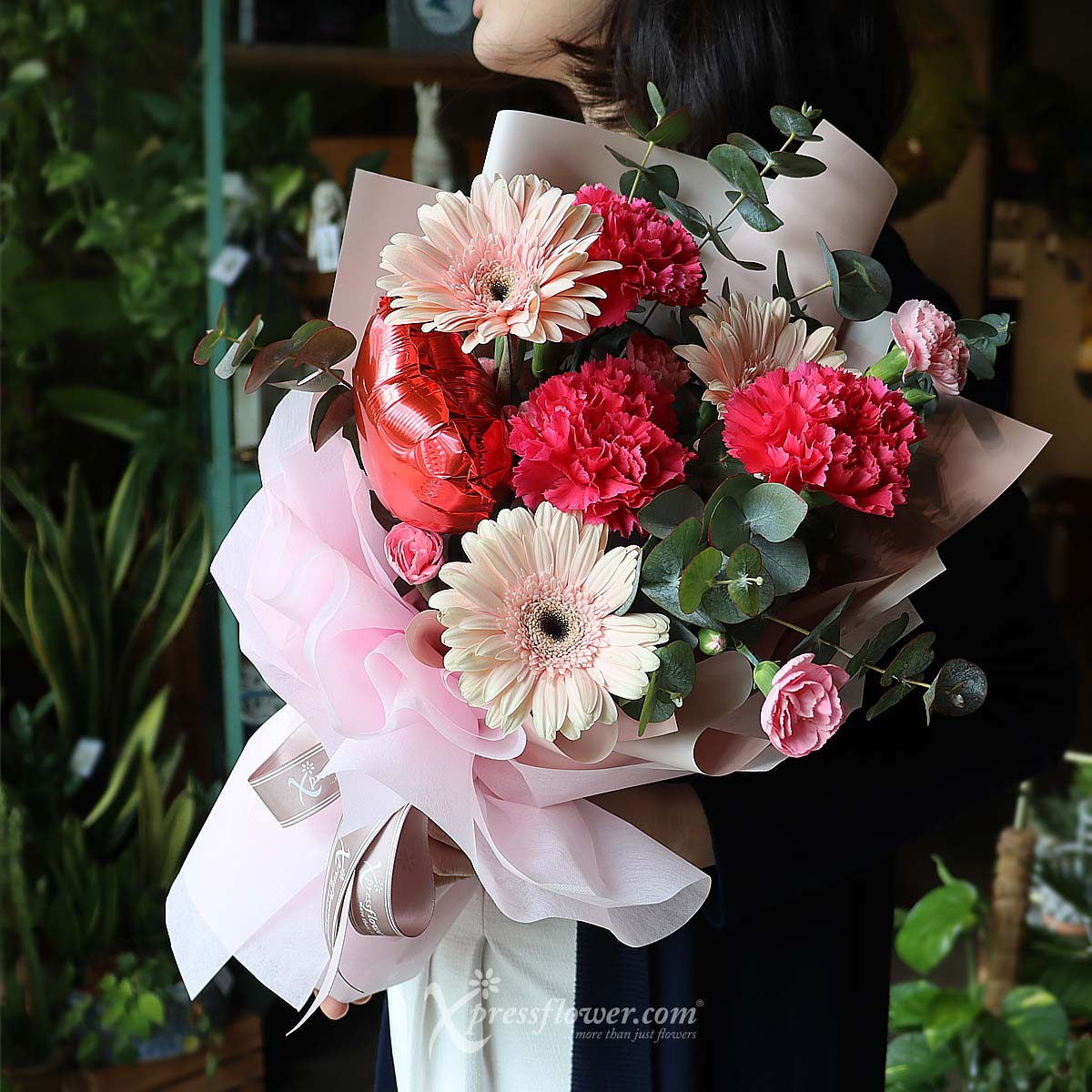 BQ2325 Darling Demeanor (3 Purple Carnations & 3 Pink Gerberas with 4” Heart Balloon) 4a