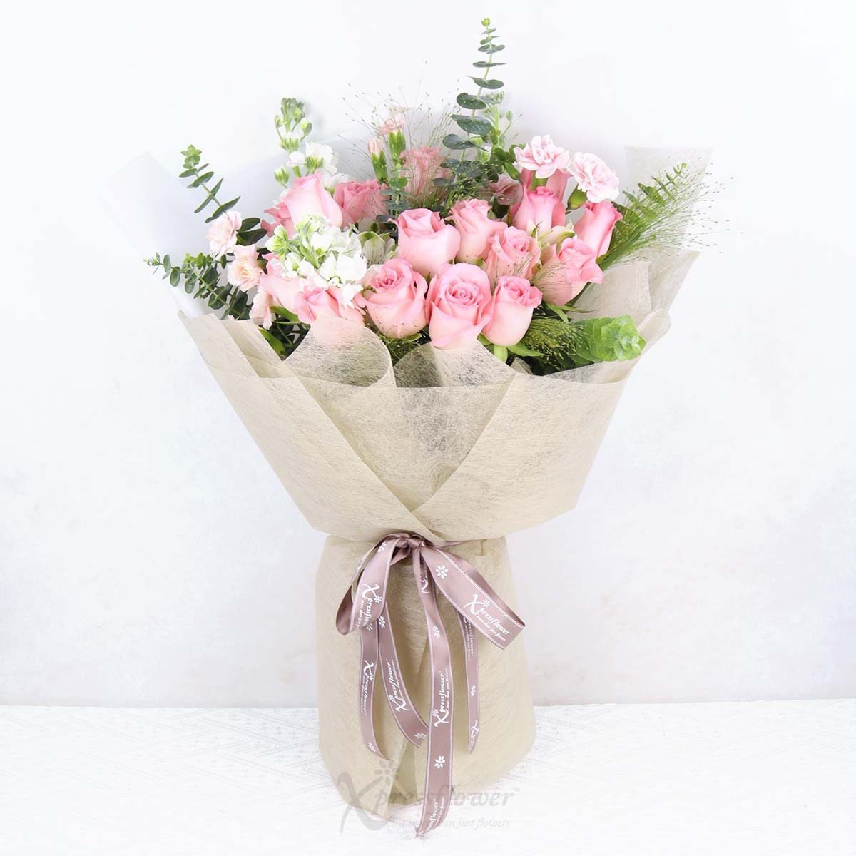 Pink Grandeur (16 Pink Roses with Carnation Sprays)
