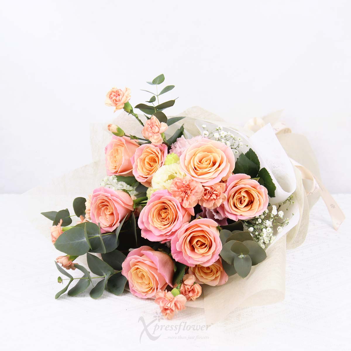 BQ2531 Peachy Grace 9 Piggy Roses with Orange Carnation Sprays 1b