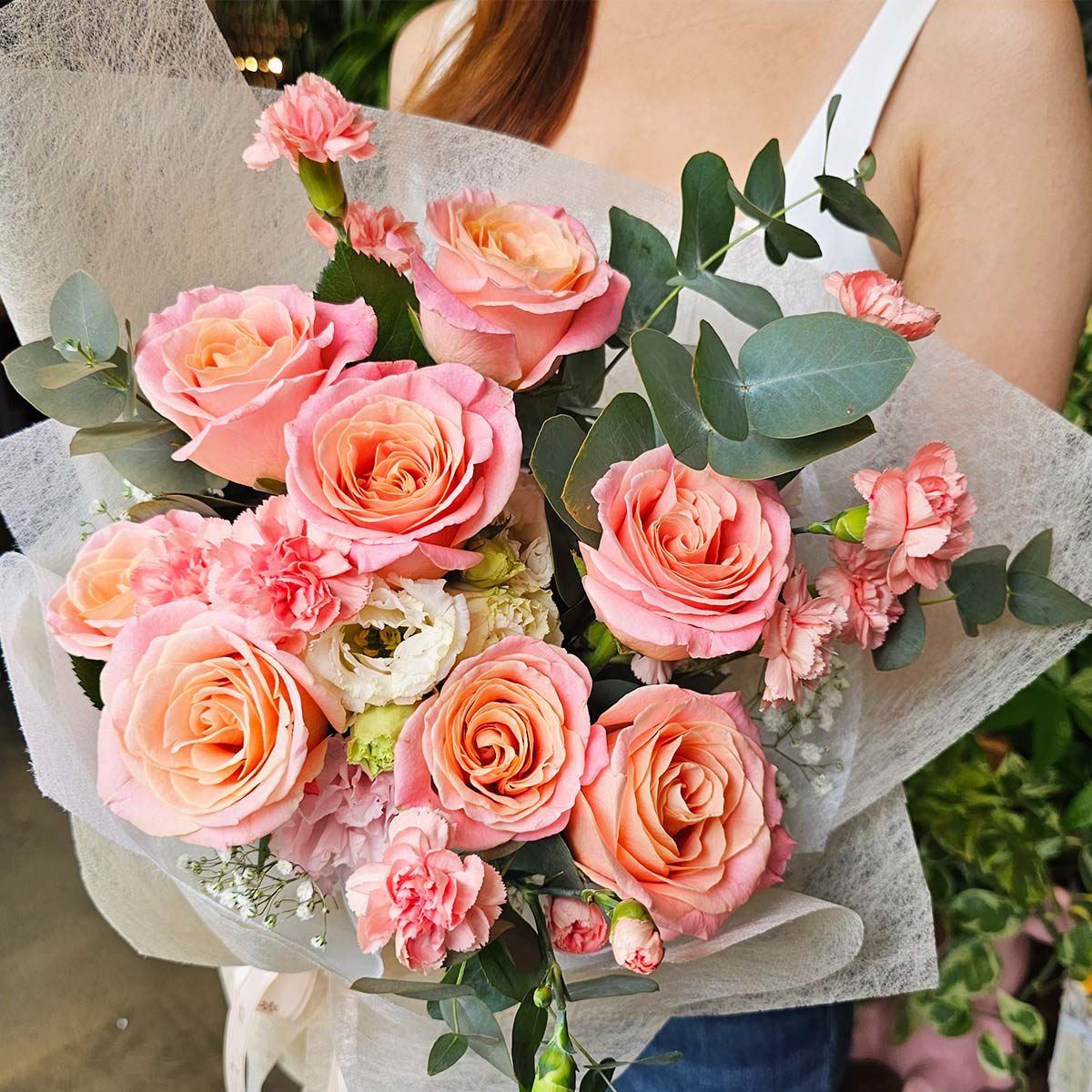 BQ2531 Peachy Grace 9 Piggy Roses with Orange Carnation Sprays 3a