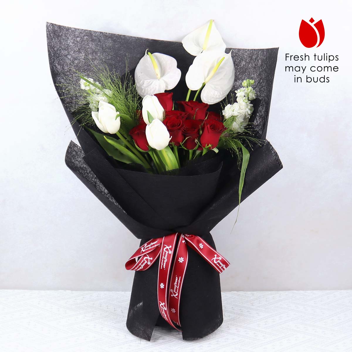 Modern Muse (11 Red Roses with White Tulips & Anthuriums)