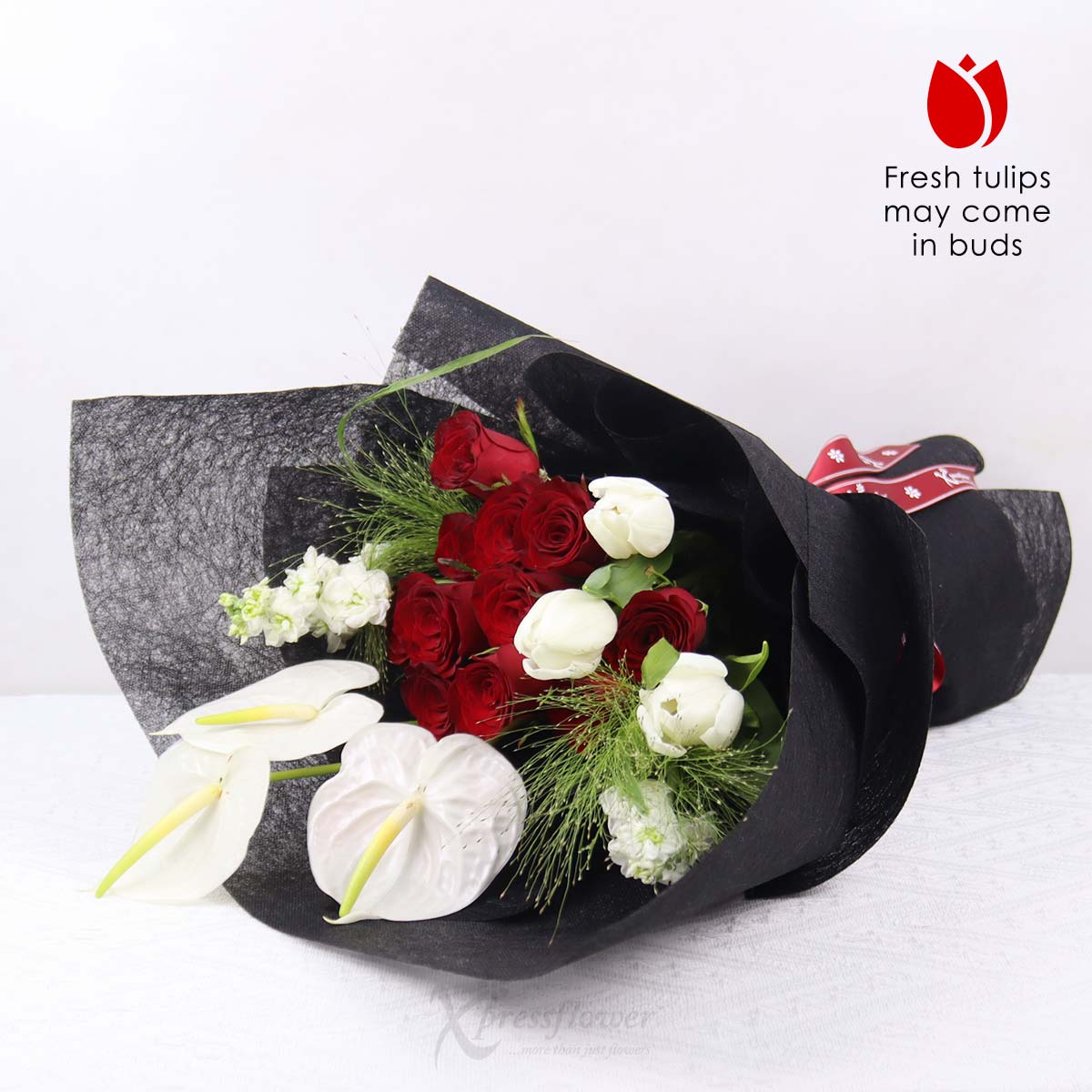 BQ2543 Modern Muse 11 Red Roses with White & Tulips Anthuriums 1b