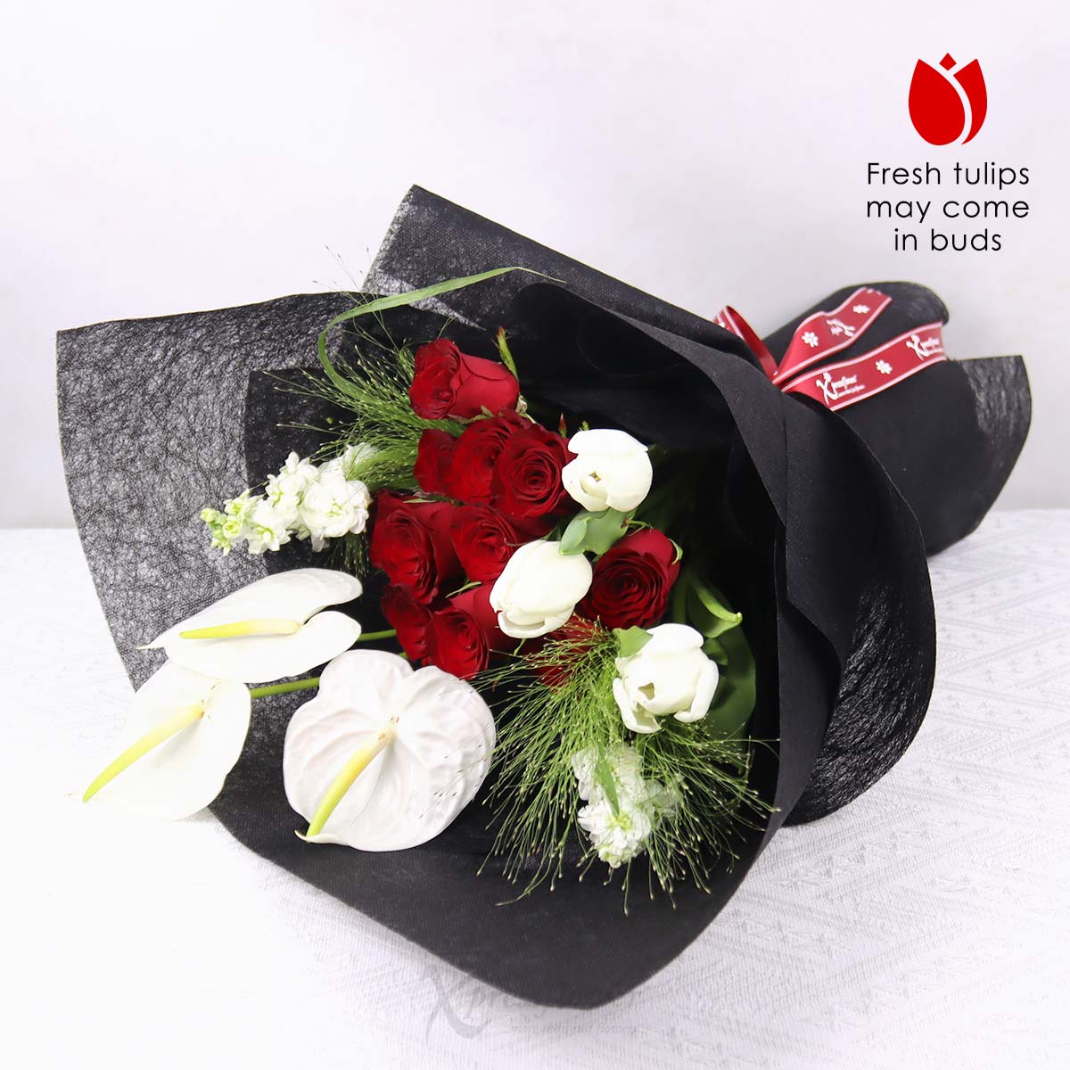 BQ2543 Modern Muse 11 Red Roses with White & Tulips Anthuriums 1c