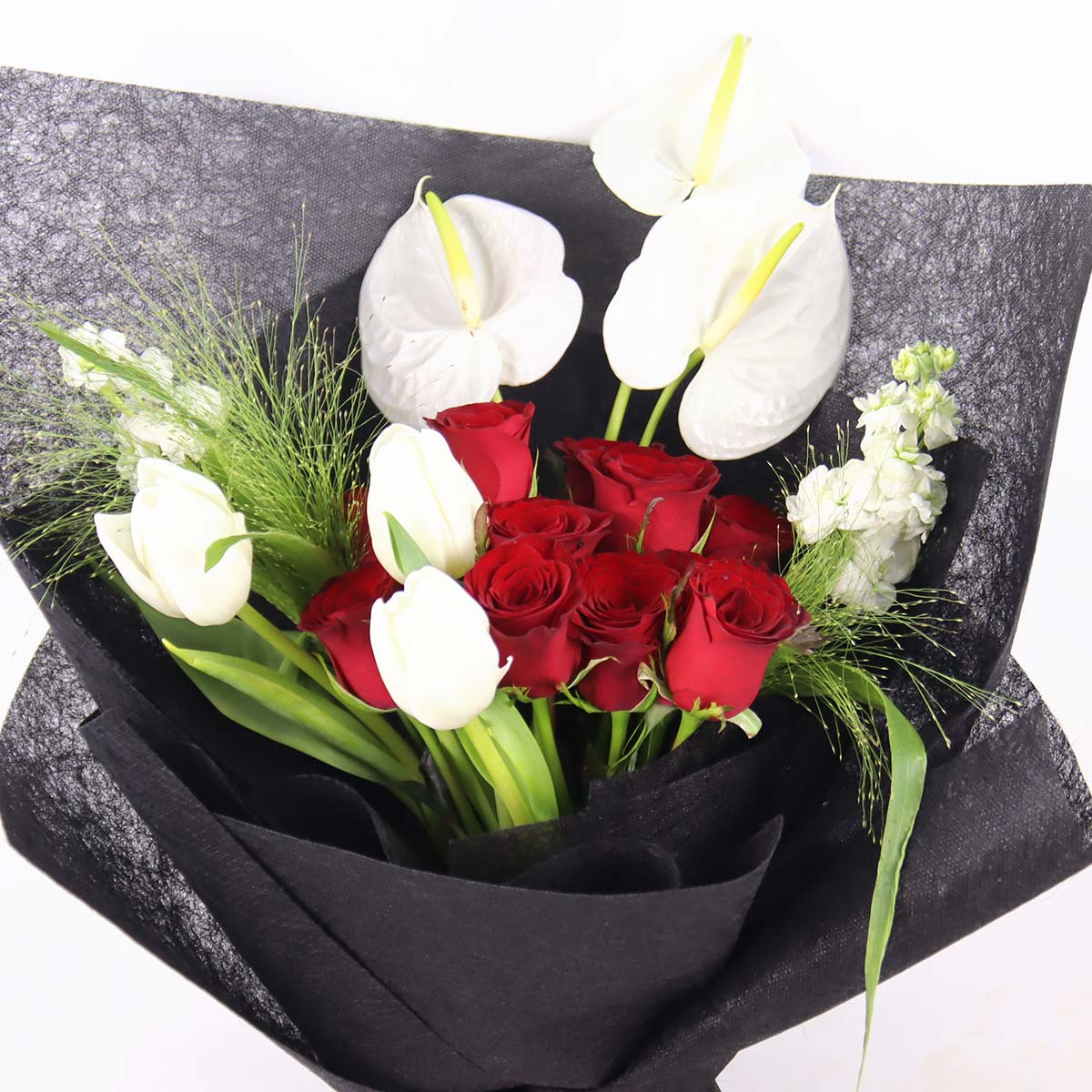 BQ2543 Modern Muse 11 Red Roses with White & Tulips Anthuriums 1d
