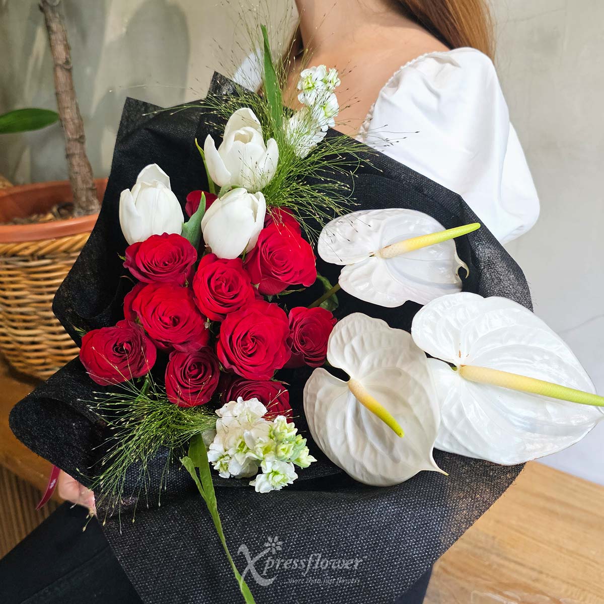 BQ2543 Modern Muse 11 Red Roses with White & Tulips Anthuriums 3a
