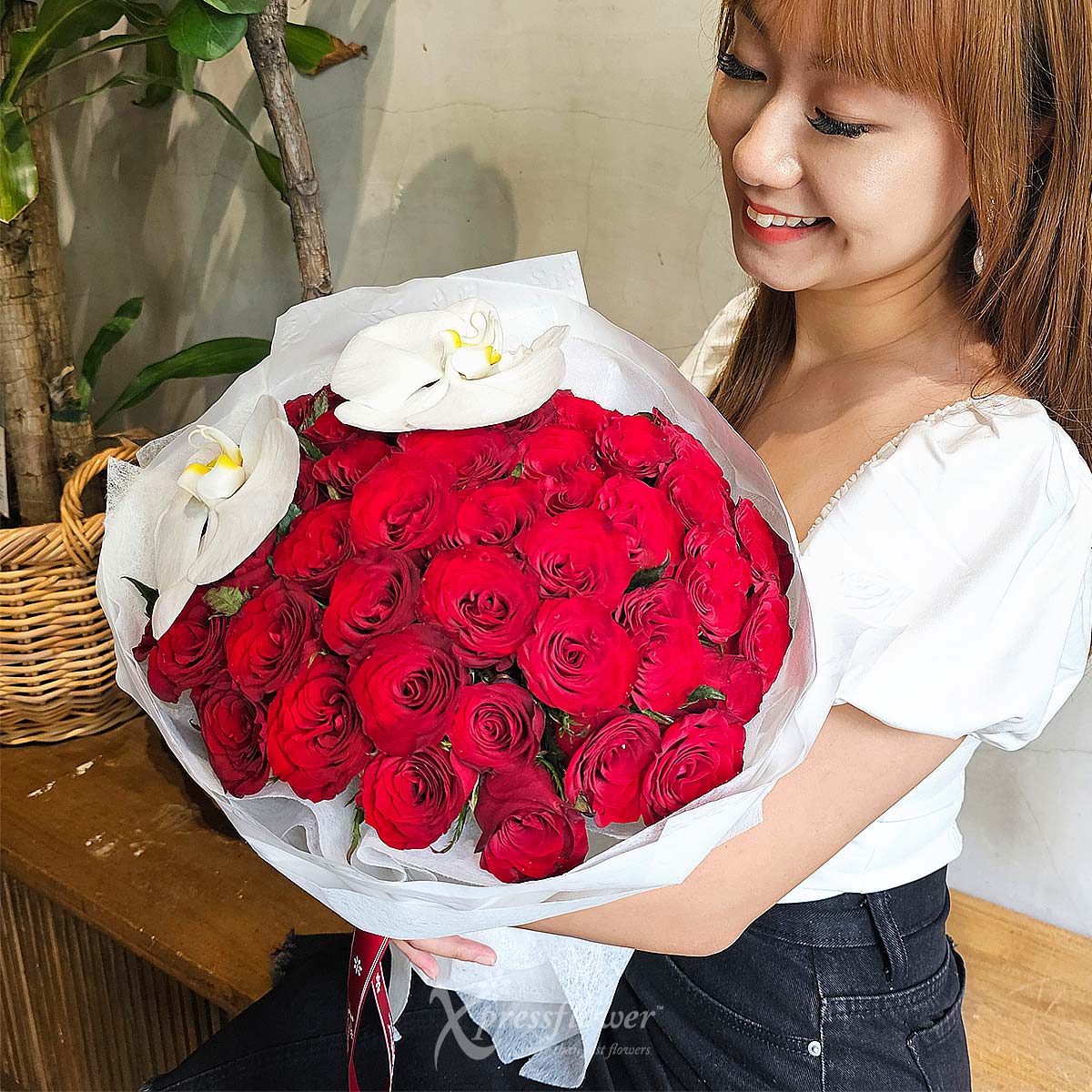 BQ2546 Forever Yours 52 Red Roses with 2 White Orchids 3a