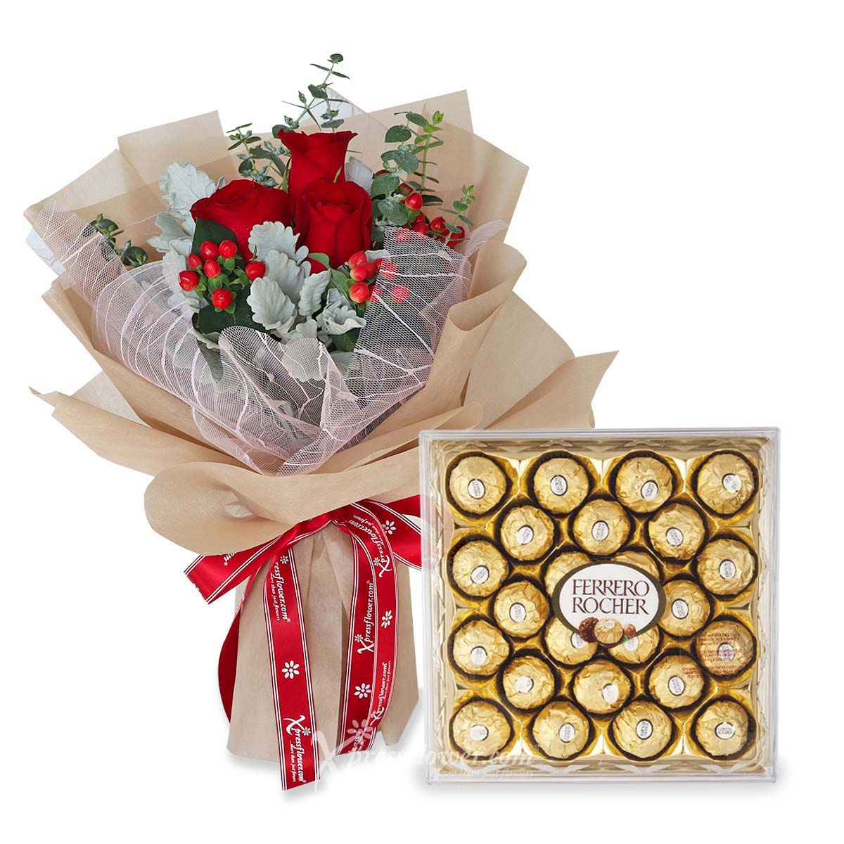 All Day Sweetness (3 Red Roses with 24 Ferrero Rocher Chocolate)