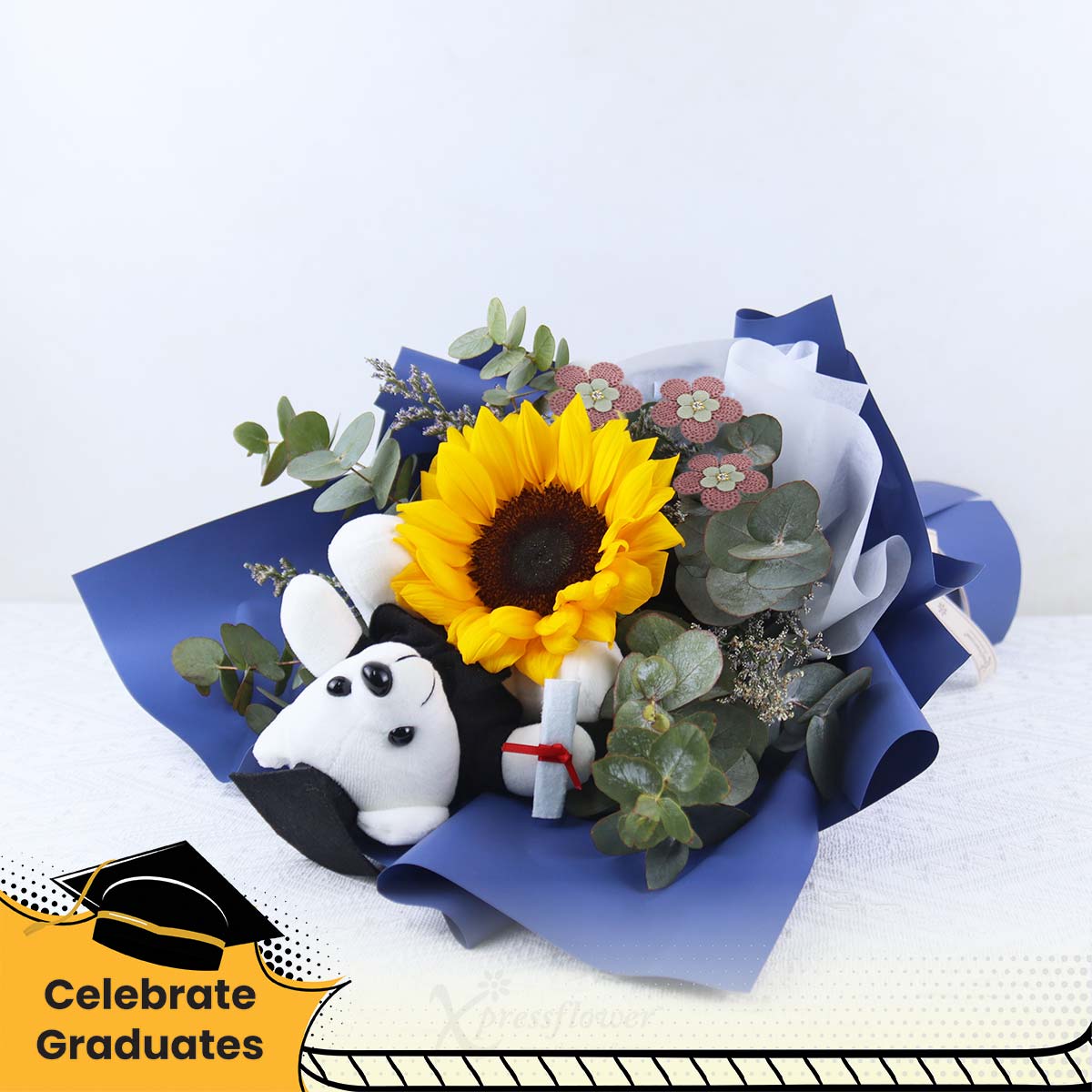 CT2405 Teddy Academia Sunflower with Mini Graduation Bear Pink Flower v2 1b