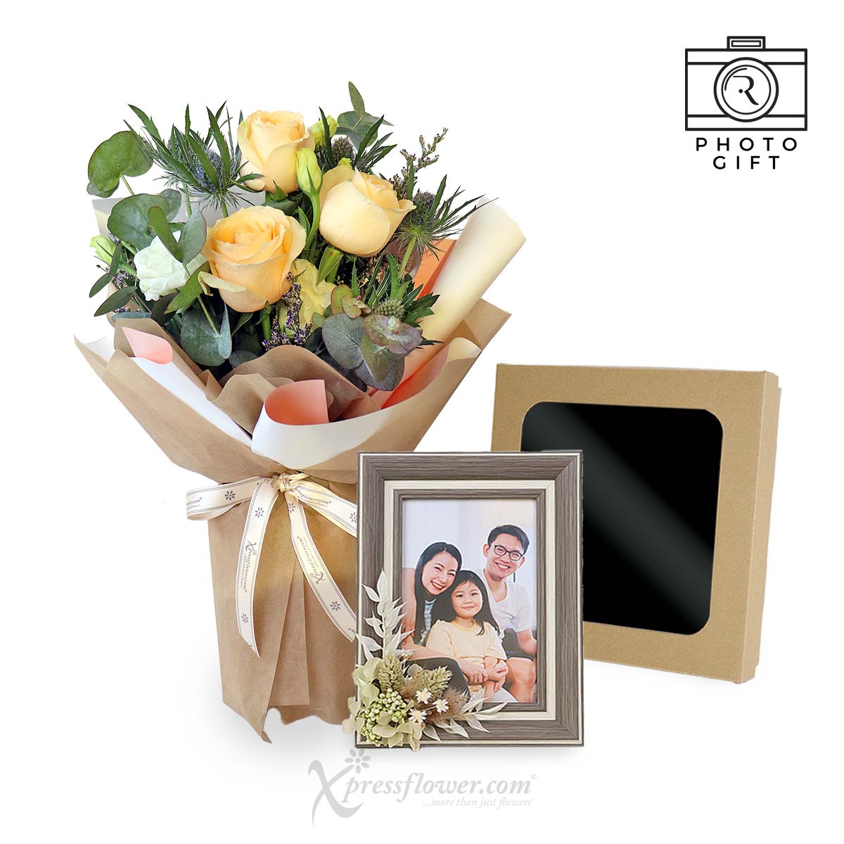 Blissful Memories (3 Champagne Roses with Preserved Flower Photo Frame)