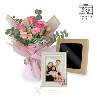 Rosy Keepsake (3 Pink Roses with Preserved Flower Photo Frame)