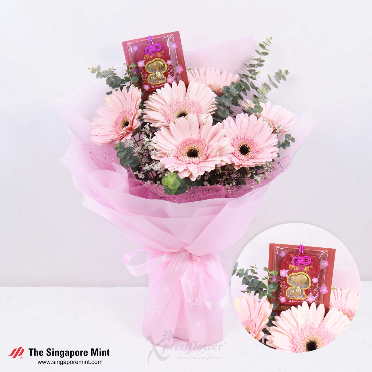 Pink Whisper (6 Pink Gerberas with SG Mint Snoopy Gold Foil Charm Bag)