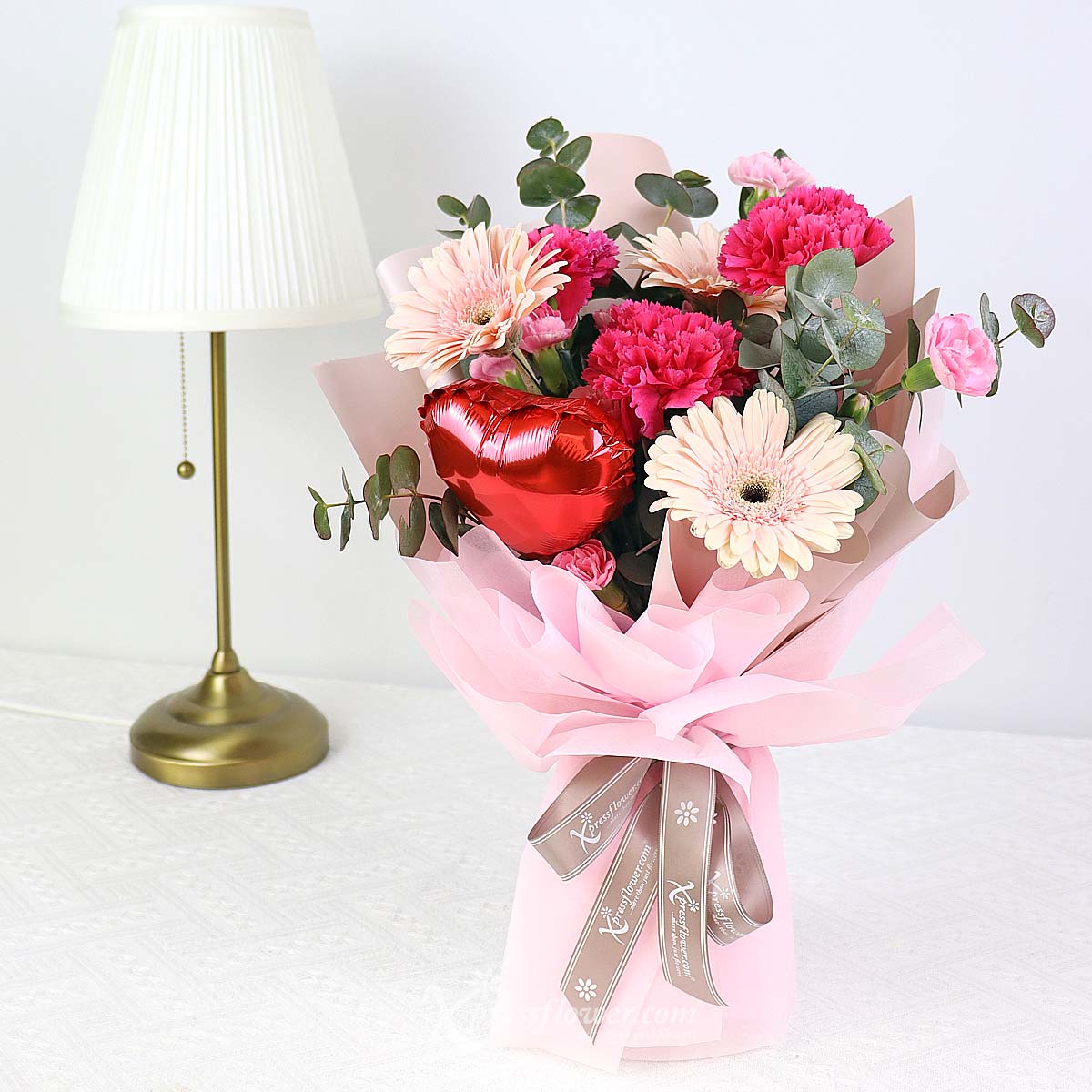 BQ2325 Darling Demeanor (3 Purple Carnations & 3 Pink Gerberas with 4” Heart Balloon) 1c