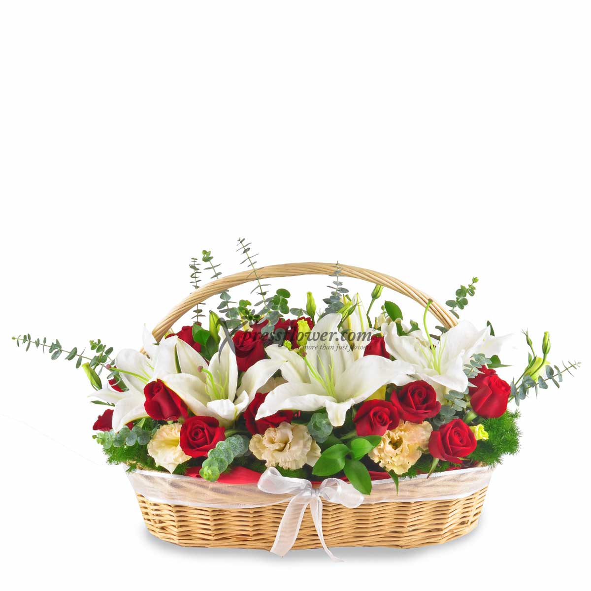 Beauty in a Basket (16 Red Roses with White Lily Sprays)