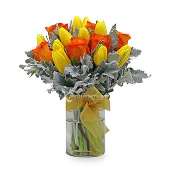 Summer Blush (6 Orange Roses & 10 Yellow Tulips)