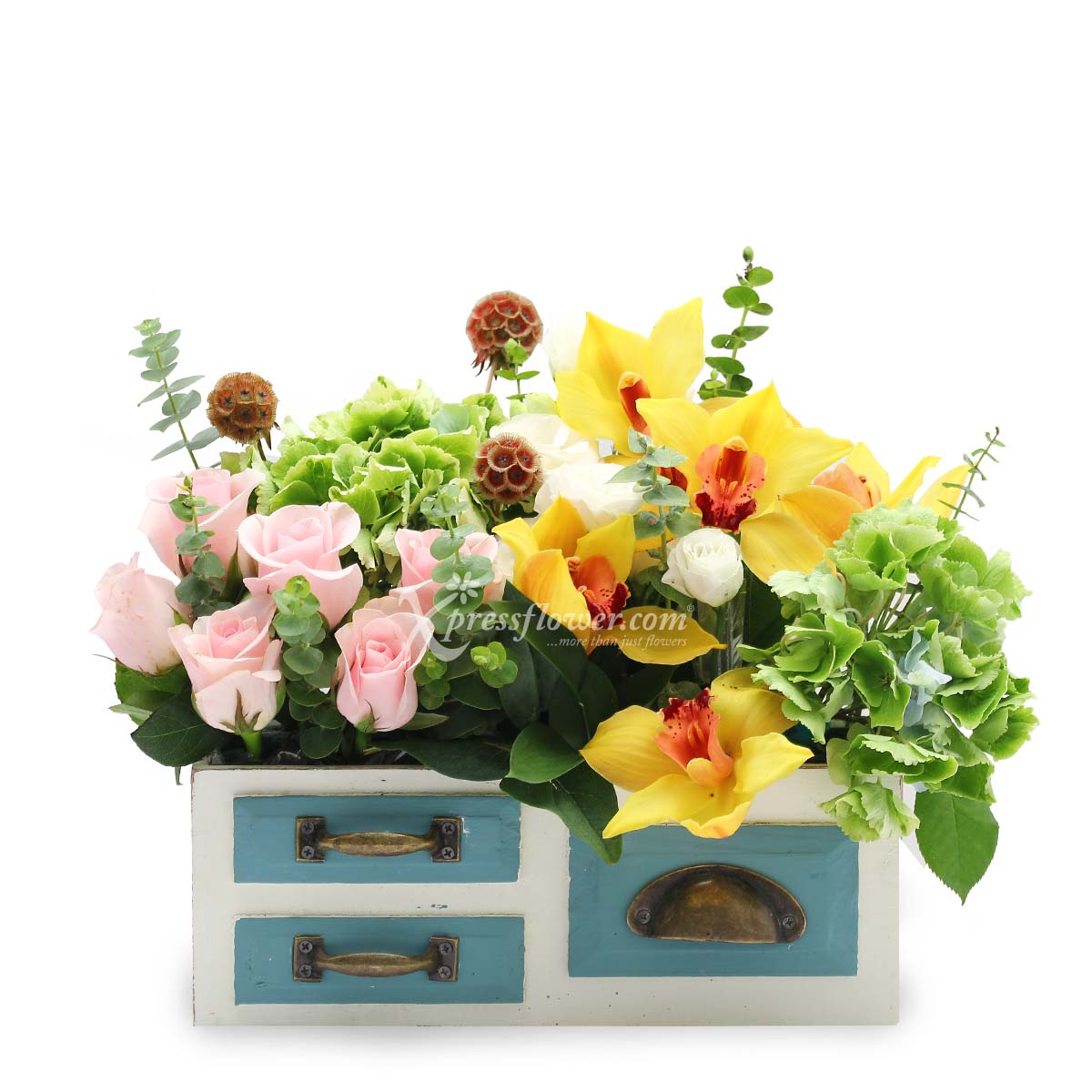 Spring Romance (5 Yellow Cymbidium & 6 Pink Roses)