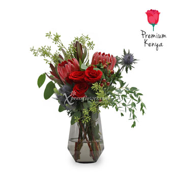 Rustic Fields (3 Red Roses & 2 Red Protea)
