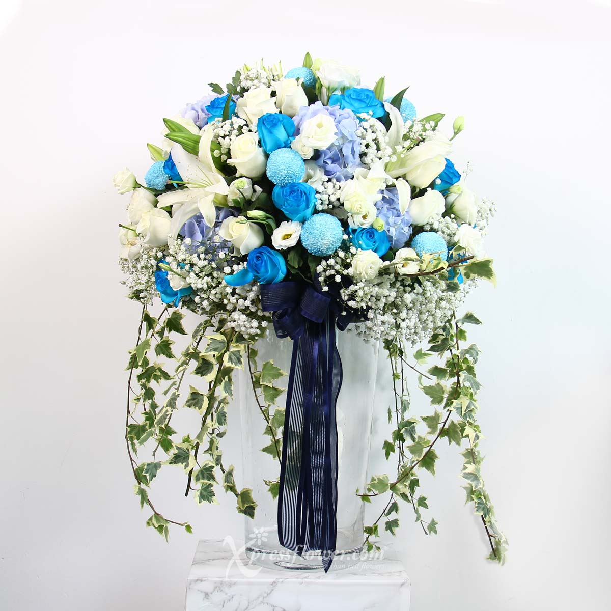 Grand Ultramarine (20 Blue Roses & 20 White Roses with Blue Hydrageas & Lily Sprays)