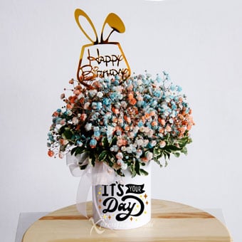 Delicate Celebration (Rainbow Million Star Baby's Breath with Happy Birthday Tag & Personalised Name Vase)