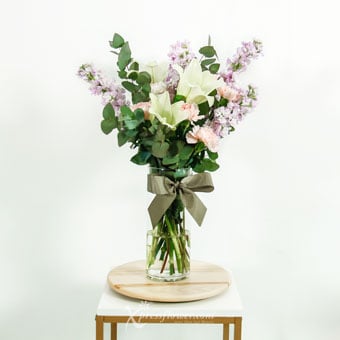 Floral Fascination (3 White Lilies, 6 Pink Carnations & 5 Light Purple Matthiola)