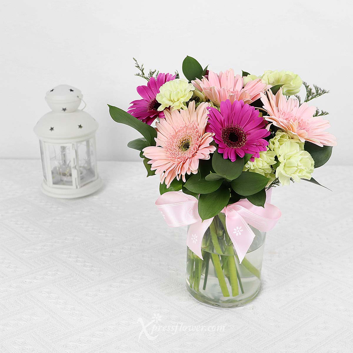 AR2307 Charismatic Classic (6 Mix Purple & Pink Gerberas with Green Carnation Spray) 1c