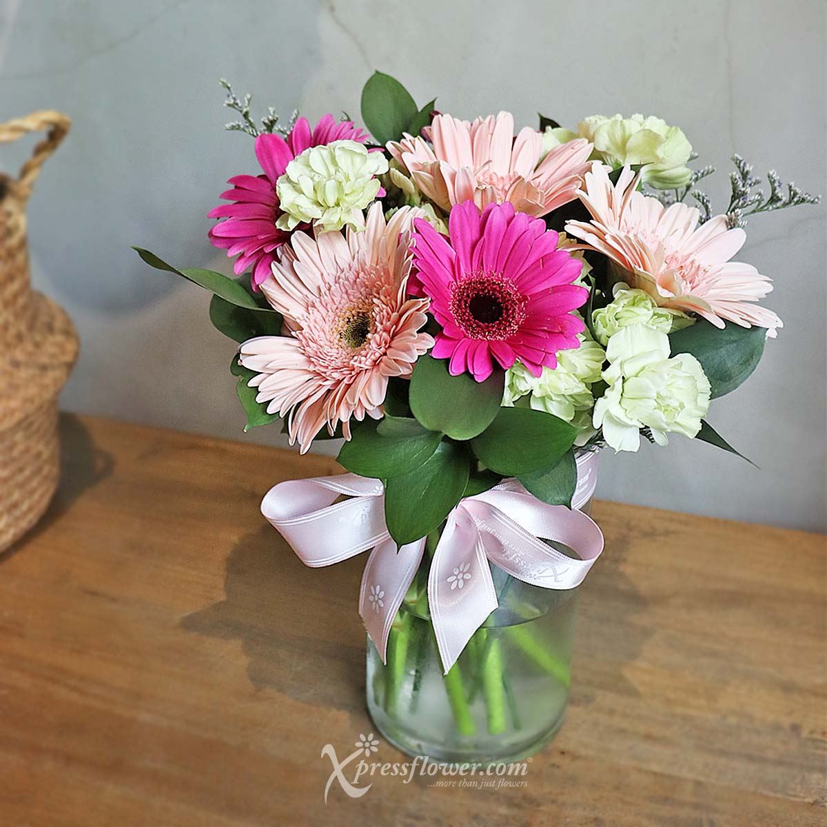 AR2307 Charismatic Classic (6 Mix Purple & Pink Gerberas with Green Carnation Spray) 3a