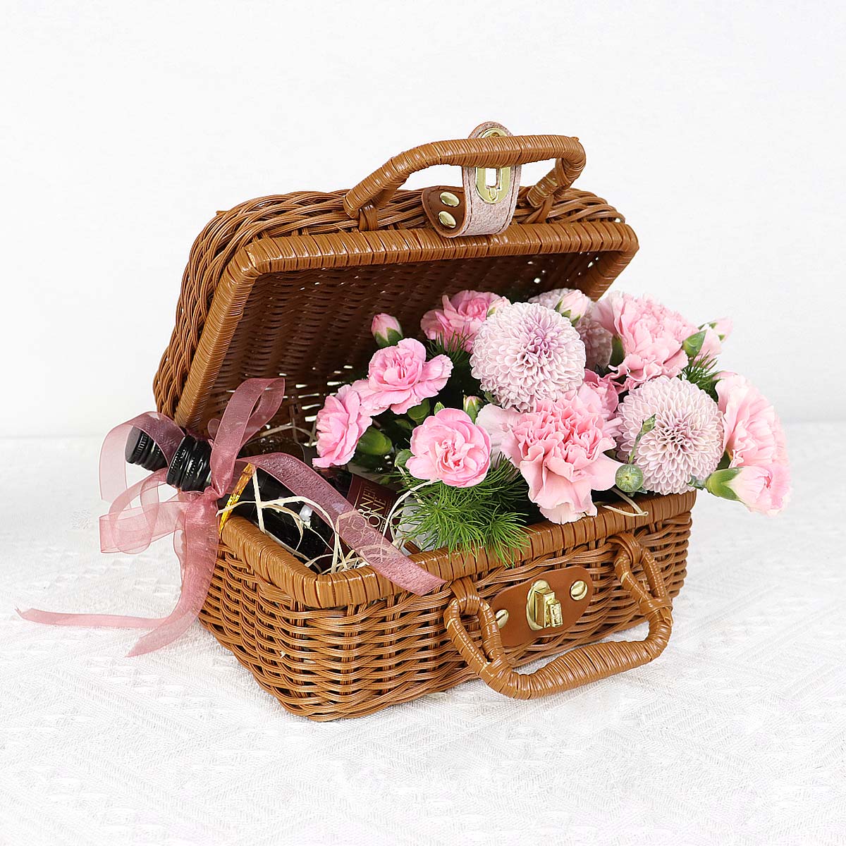 AR2310 Elegant Embrace (Pink Carnations & Chrysanthemum with 2 Mini Cornerstone Wines) 1b