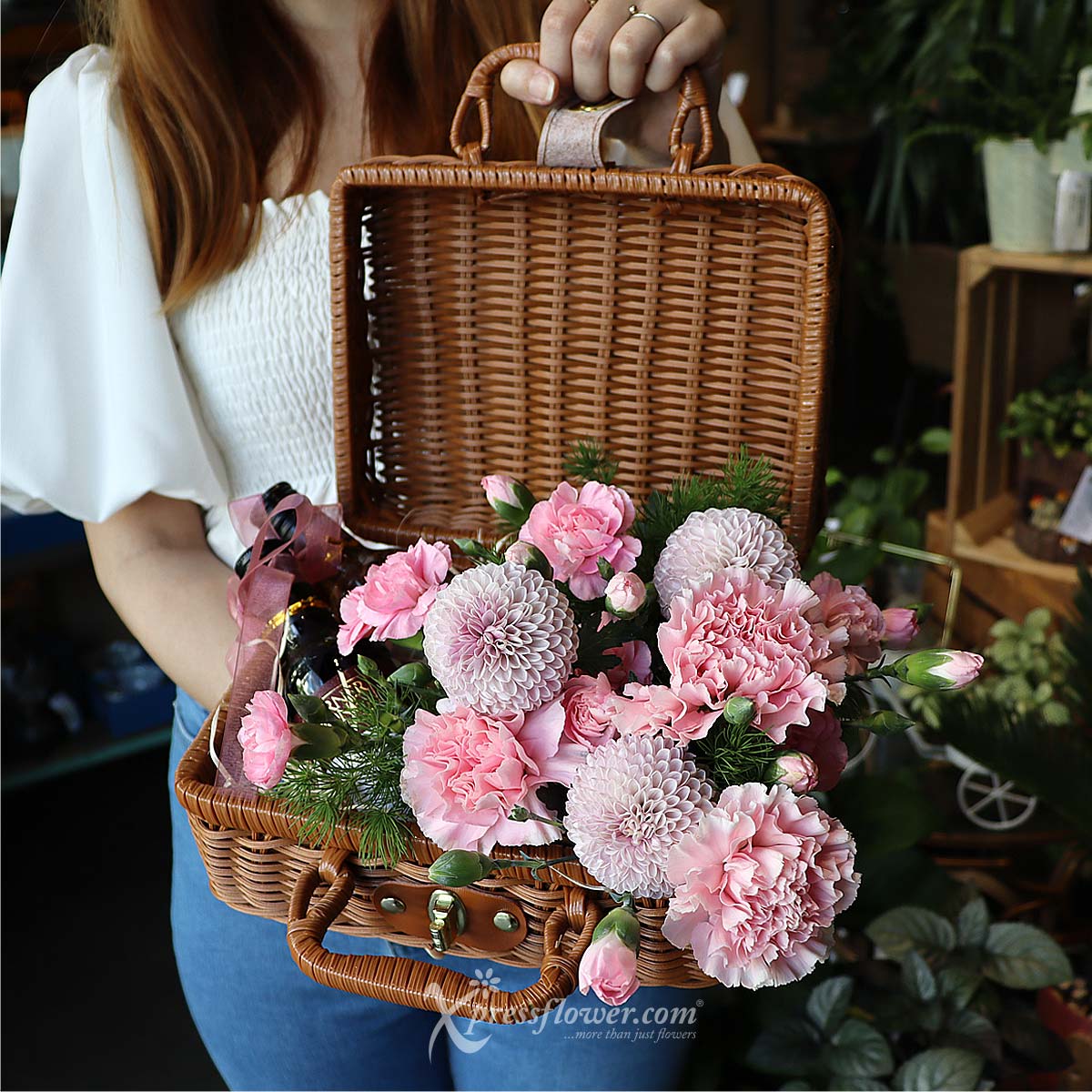 AR2310 Elegant Embrace (Pink Carnations & Chrysanthemum with 2 Mini Cornerstone Wines) 3a