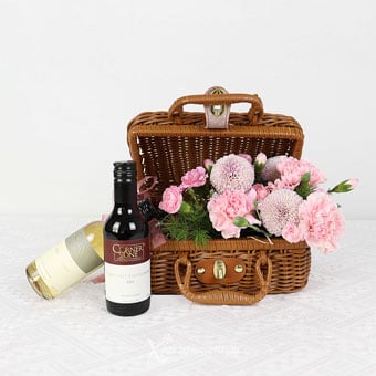 Elegant Embrace (Pink Carnations & Chrysanthemum with 2 Mini Cornerstone Wines)