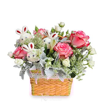 Bunny Blossoms (5 Two-Toned Pink Roses with White Bunny Ping Pong Flowers Basket Arrangement)