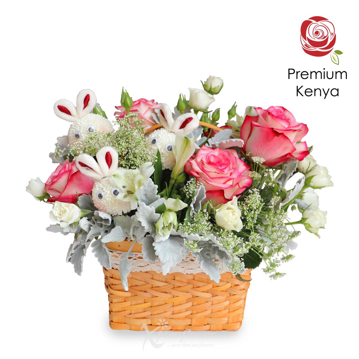 Bunny Blossoms (5 Two-Toned Pink Roses with White Bunny Ping Pong Flowers Basket Arrangement)