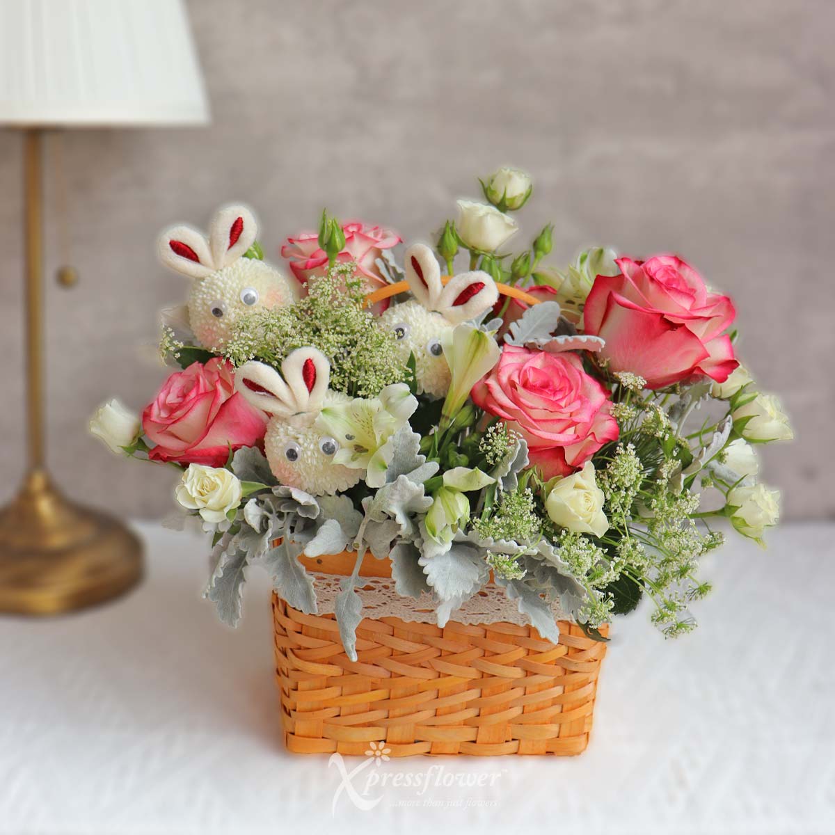 AR2313_Bunny Blossoms 5 Two-Toned Pink Roses with White Bunny Ping Pong Flowers 3a