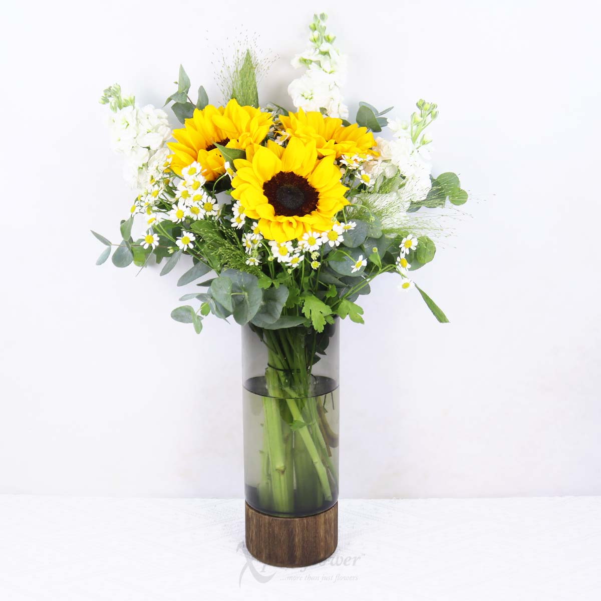 Sunburst Cheer (3 Sunflowers with White Matthiolas)