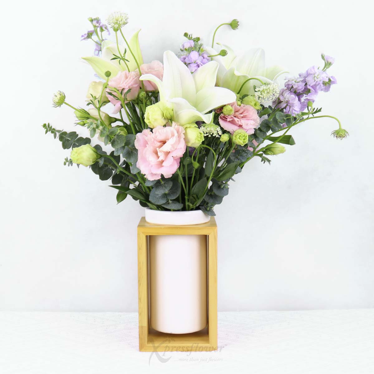 Lily Mist (White Lilies with Purple Matthiolas)