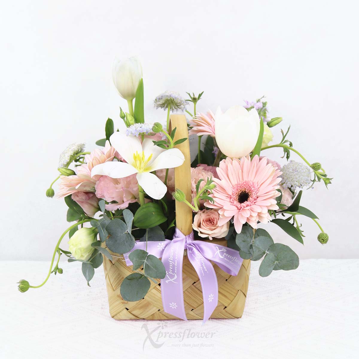 Spring Ribbons (3 White Tulips with 3 Pink Gerberas)