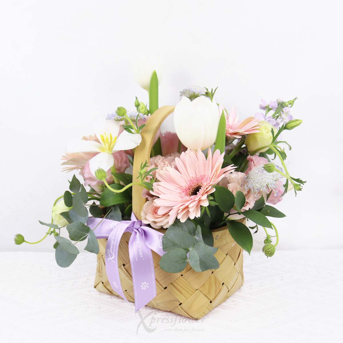 AR2518 Spring Ribbons 3 White Tulips with 3 Pink Gerberas 1b