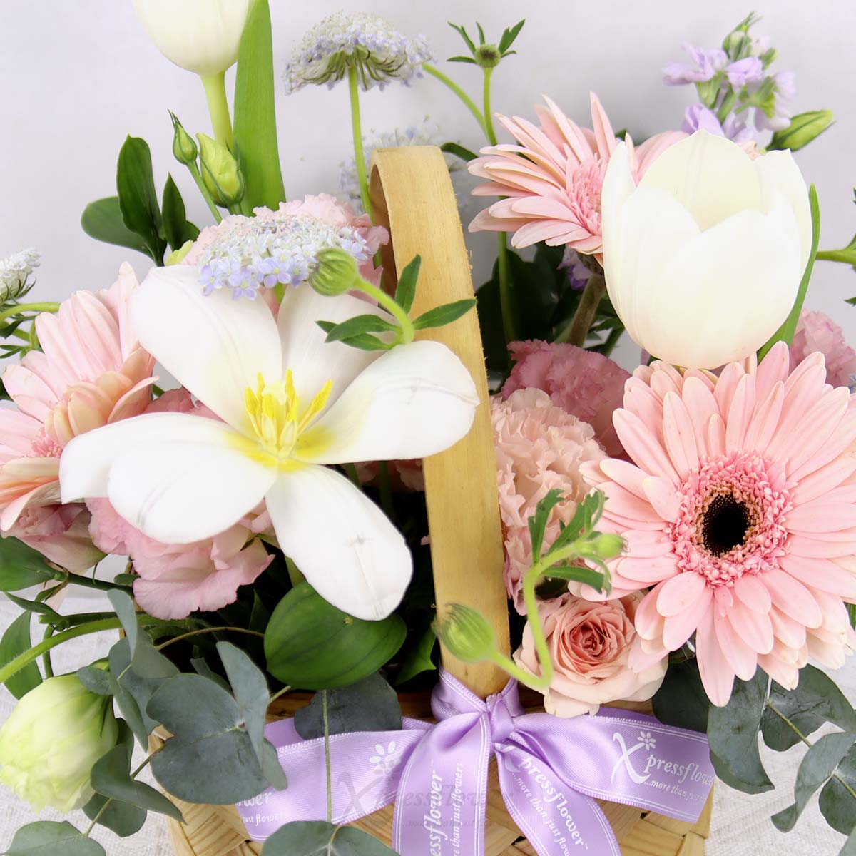 AR2518 Spring Ribbons 3 White Tulips with 3 Pink Gerberas 1c