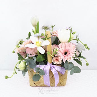 Spring Ribbons (3 White Tulips with 3 Pink Gerberas)