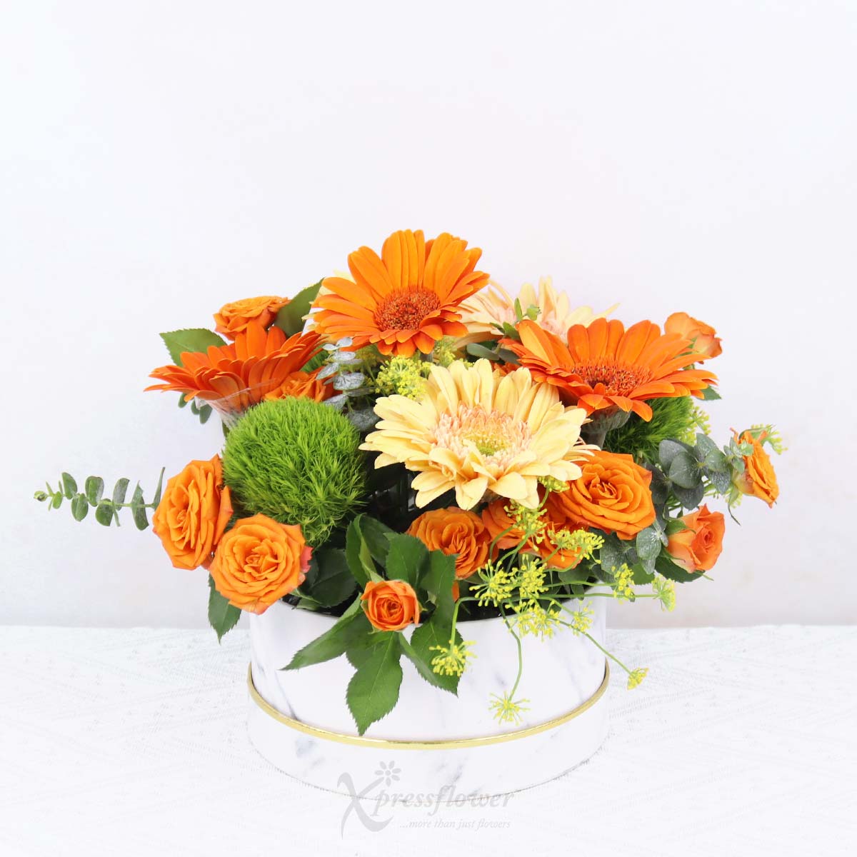 Zesty Glow (6 Gerberas with Orange Rose Sprays)