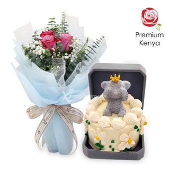 I Adore You (3 Purple Roses with Teddy Bear Bento Surprise Cake)