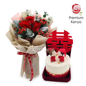 Doubled Euphoria (3 Red Roses with Double Happiness Bento Surprise Cake)