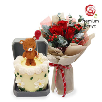  Bear-y Lovely (3 stalks Premium Red Roses with Bento Cake)