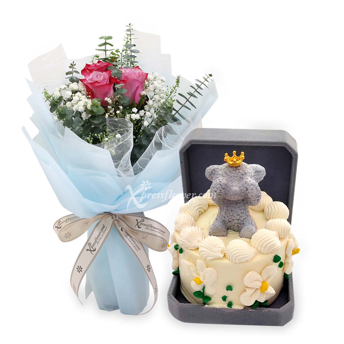 I Adore You (3 Purple Roses with Teddy Bear Bento Surprise Cake)
