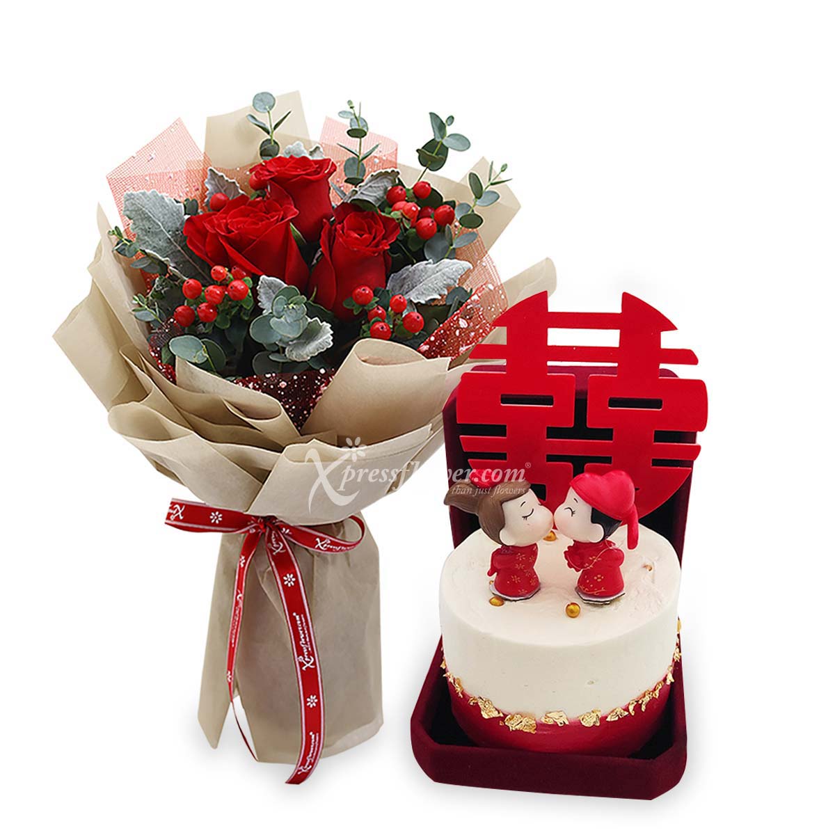 Doubled Euphoria (3 Red Roses with Double Happiness Bento Surprise Cake)