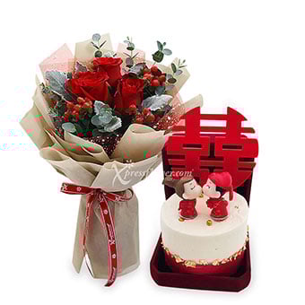 Doubled Euphoria (3 Red Roses with Double Happiness Bento Surprise Cake)