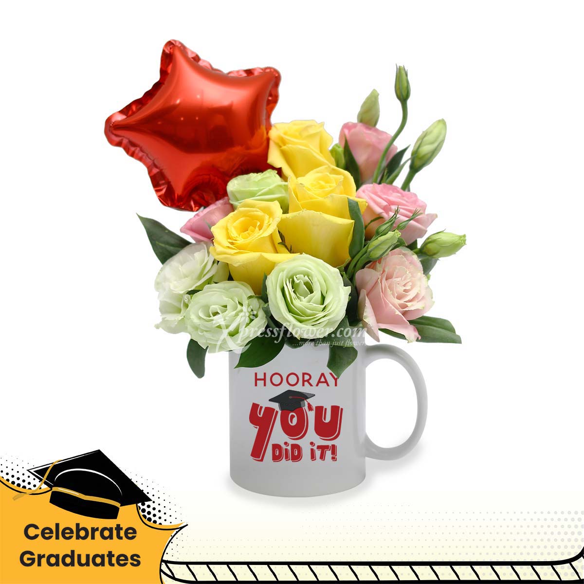 You Are A Star (3 Yellow Roses with Star Balloon & 'Hooray You Did It' Mug)